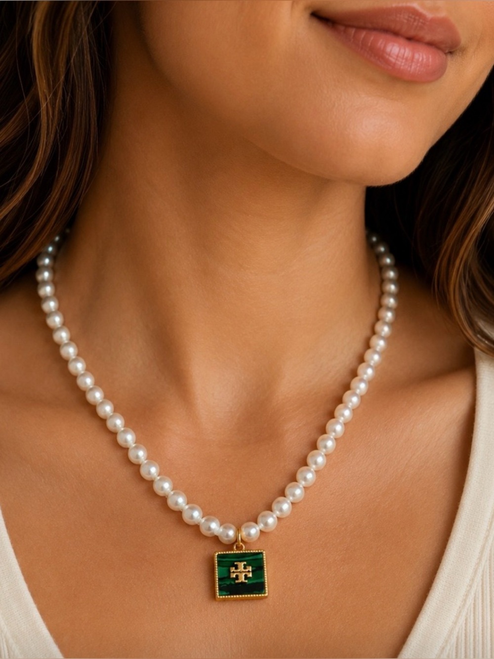 Tory Burch Freshwater Pearl Necklace with Green Enamel Logo Pendant